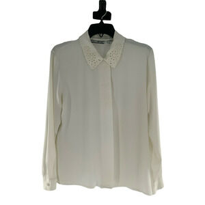Le Caviar Vintage Blouse Womens Size 8 Long Sleeves Embroidered Collar White Top